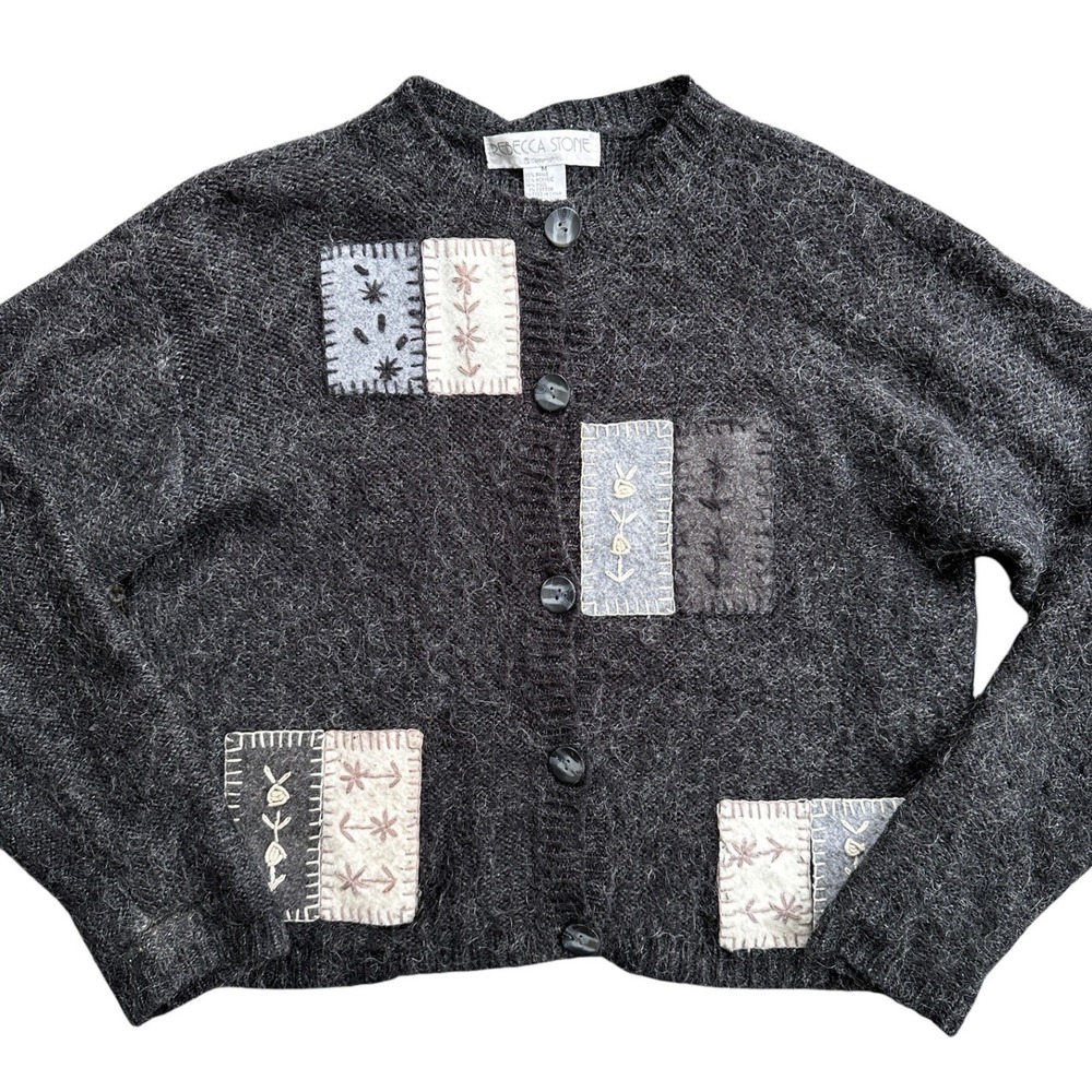 Rebecca Stone Cardigan Sweater Wmn M Gray Patchwork Wool Blend Cottagecore VTG